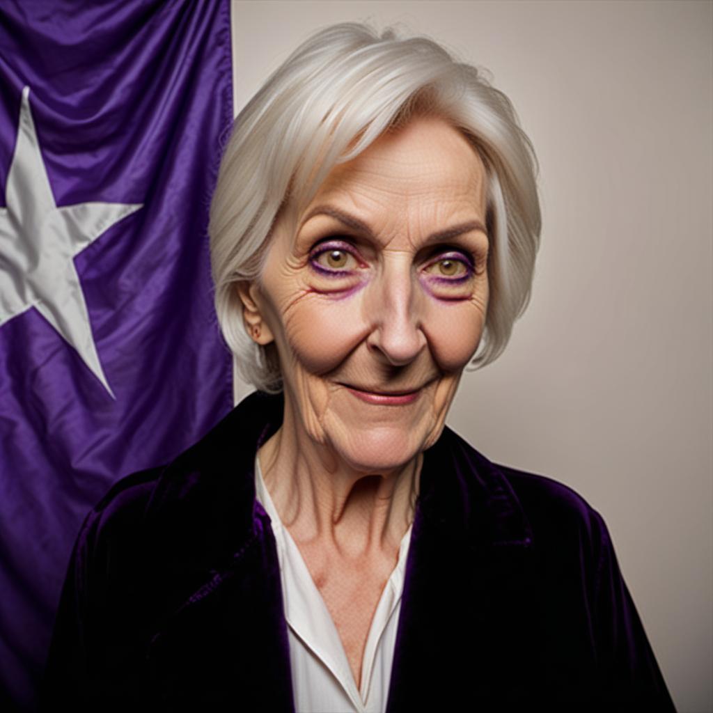  greasy sinister smirking older woman in front of purple cult flag