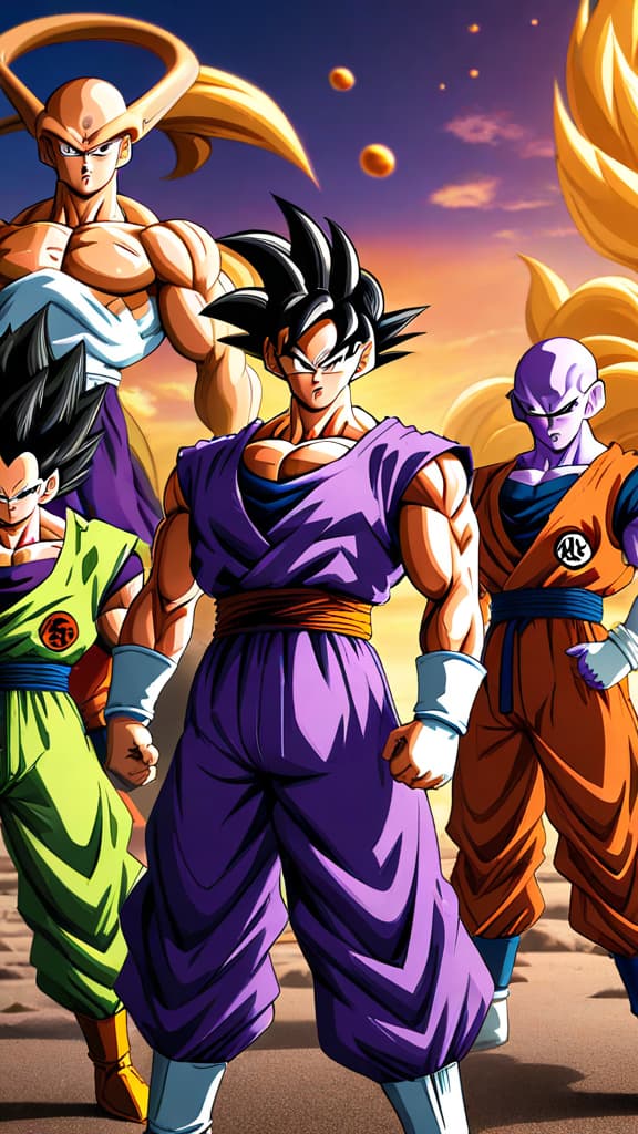  create an anime art of the z fighters facing the dilemma of namek's destruction against frieza in dragon ball z. hyperrealistic, full body, detailed clothing, highly detailed, cinematic lighting, stunningly beautiful, intricate, sharp focus, f/1. 8, 85mm, (centered image composition), (professionally color graded), ((bright soft diffused light)), volumetric fog, trending on instagram, trending on tumblr, HDR 4K, 8K