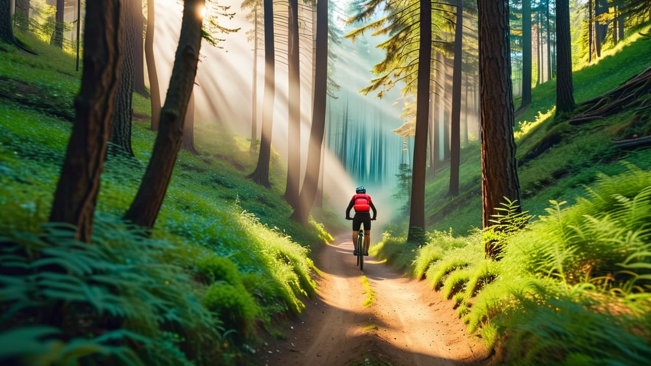  a split scene: on one side, a serene forest path with a person walking, surrounded by trees and sunlight. on the other, a rugged mountain trail with an individual mountain biking, dust swirling around. hyperrealistic, full body, detailed clothing, highly detailed, cinematic lighting, stunningly beautiful, intricate, sharp focus, f/1. 8, 85mm, (centered image composition), (professionally color graded), ((bright soft diffused light)), volumetric fog, trending on instagram, trending on tumblr, HDR 4K, 8K