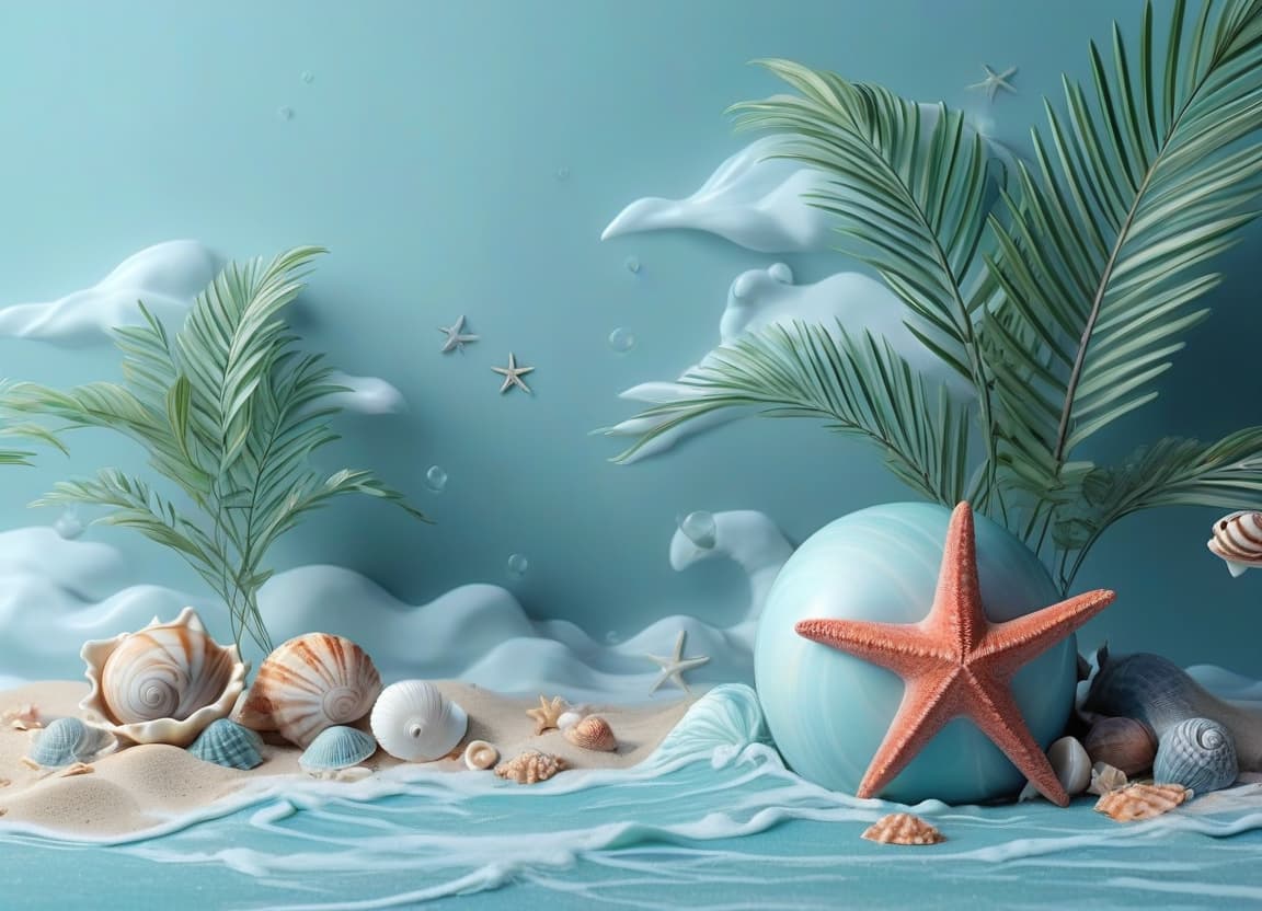  the seascape on the beach, the waves rush to the shore, and in the distance on the sea floats a dolphin, sea shells and sea stars