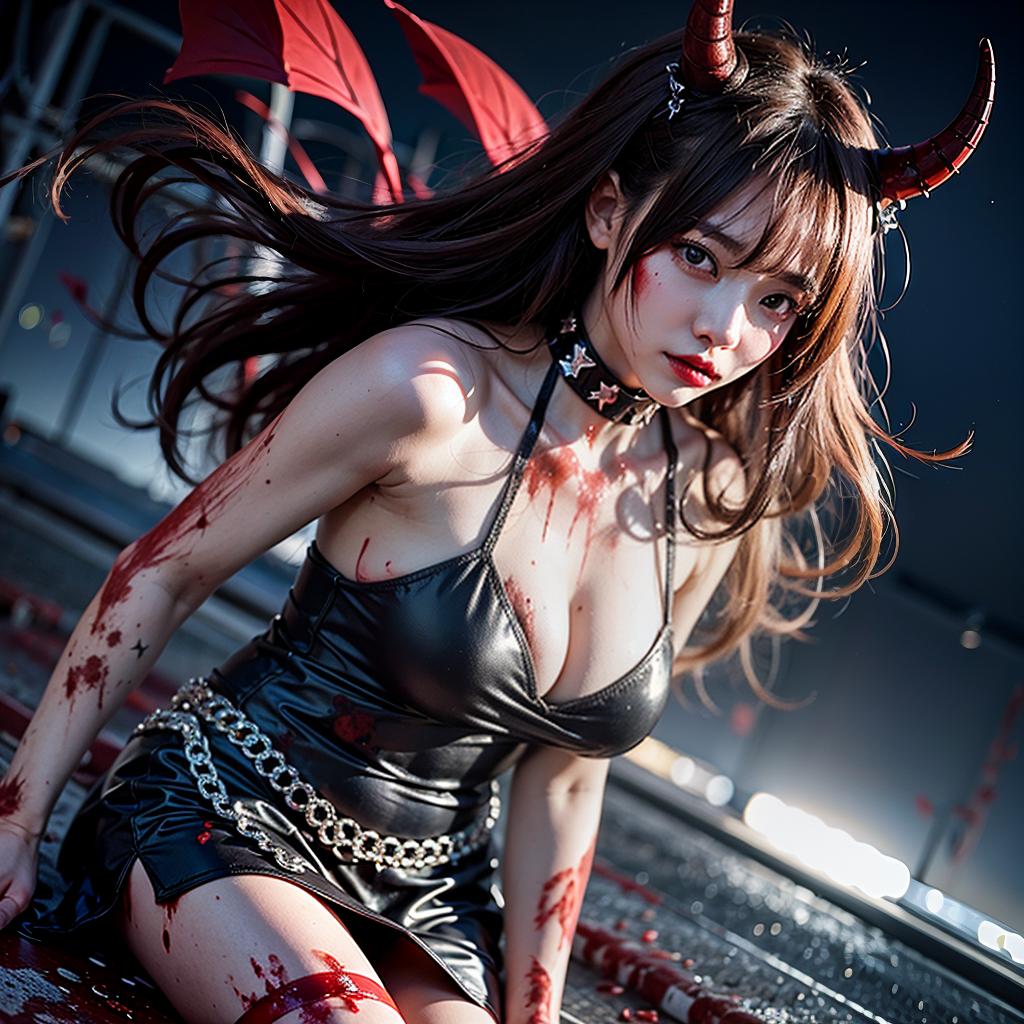  masterpiece, best quality, ultra high detail, horrible night city, photo, female demon with red horns all over her body, full body, horror, 1 , solo, korean idol face, , beauty face, huge , huge , (blood:1.5)