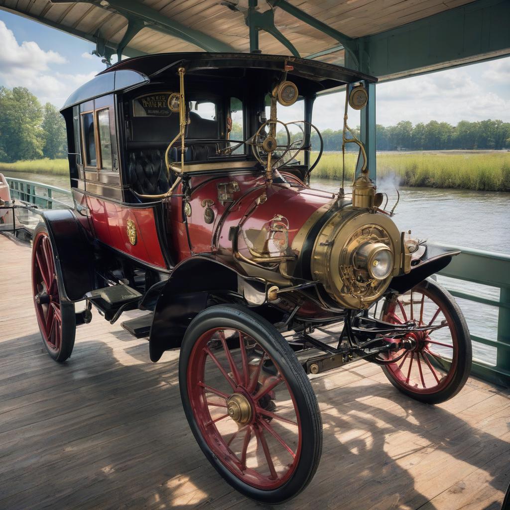  an antique steam car on a river ferry.