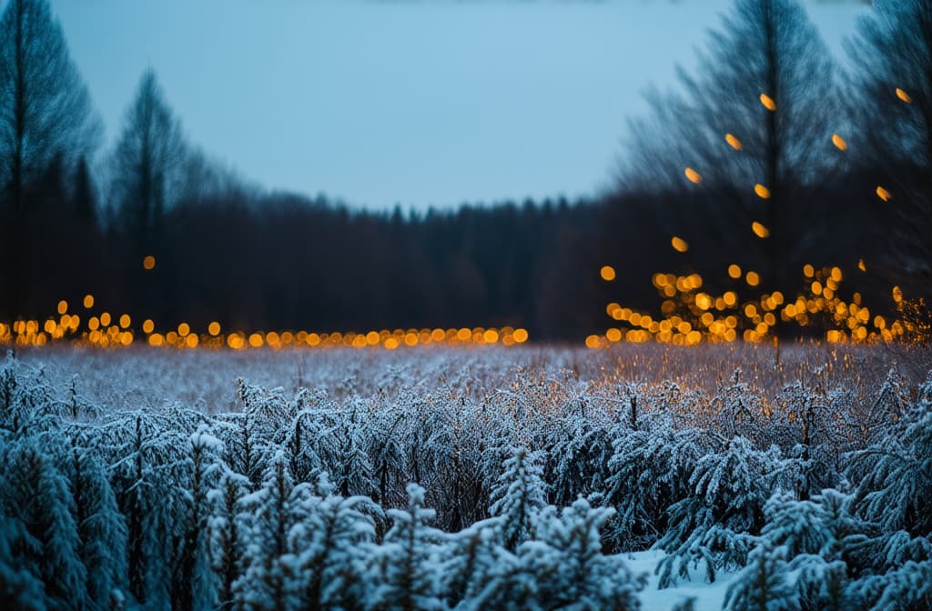  professional detailed photography, banner, panoramic image with golden bokeh lights in an abstract winter landscape ar 3:2, (muted colors, dim colors, soothing tones), (vsco:0.3)