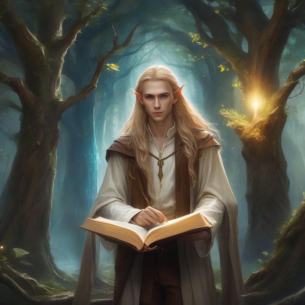  ethereal fantasy concept art of very beautiful low and slender elf with light skin, long straw hair and blue eyes, dressed in a white shirt and brown pants, a brown cloak hangs on his shoulders, holds an open book with leather binding and a drawing of a tree from golden lines, a wizard's tower . magnificent, celestial, ethereal, painterly, epic, majestic, magical, fantasy art, cover art, dreamy, hkmagic