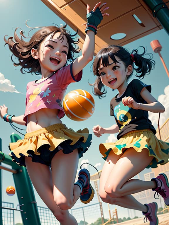  master piece, best quality, ultra detailed, highres, 4k.8k, Young , Playing with a jump rope, laughing, chasing each other, Innocent and joyful, BREAK Young s at the playground, Public playground, Swing set, jungle gym, sand pit, colorful balls, BREAK Bright and cheerful, Sunny, vint colors, energy, splash00d