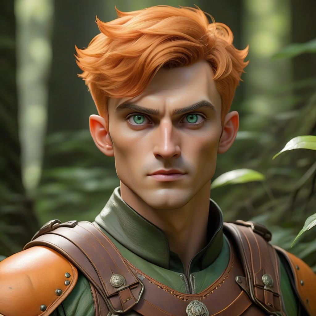  semi elf male with short salad hair and heterochromia (left eye green and right orange) 174 cm tall and weighing 86 kg full physique with small hiking bags in leather armor hyperrealistic, full body, detailed clothing, highly detailed, cinematic lighting, stunningly beautiful, intricate, sharp focus, f/1. 8, 85mm, (centered image composition), (professionally color graded), ((bright soft diffused light)), volumetric fog, trending on instagram, trending on tumblr, HDR 4K, 8K