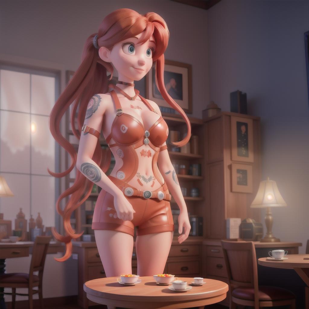  A single woman, long red hair with bangs, hair is tied in pigtails, intricate tattoo pattern body paint, inside a ufo strapped in a chair, looking into the camera, super realism, ultra ray tracing, 8k, slight smile hyperrealistic, full body, detailed clothing, highly detailed, cinematic lighting, stunningly beautiful, intricate, sharp focus, f/1. 8, 85mm, (centered image composition), (professionally color graded), ((bright soft diffused light)), volumetric fog, trending on instagram, trending on tumblr, HDR 4K, 8K