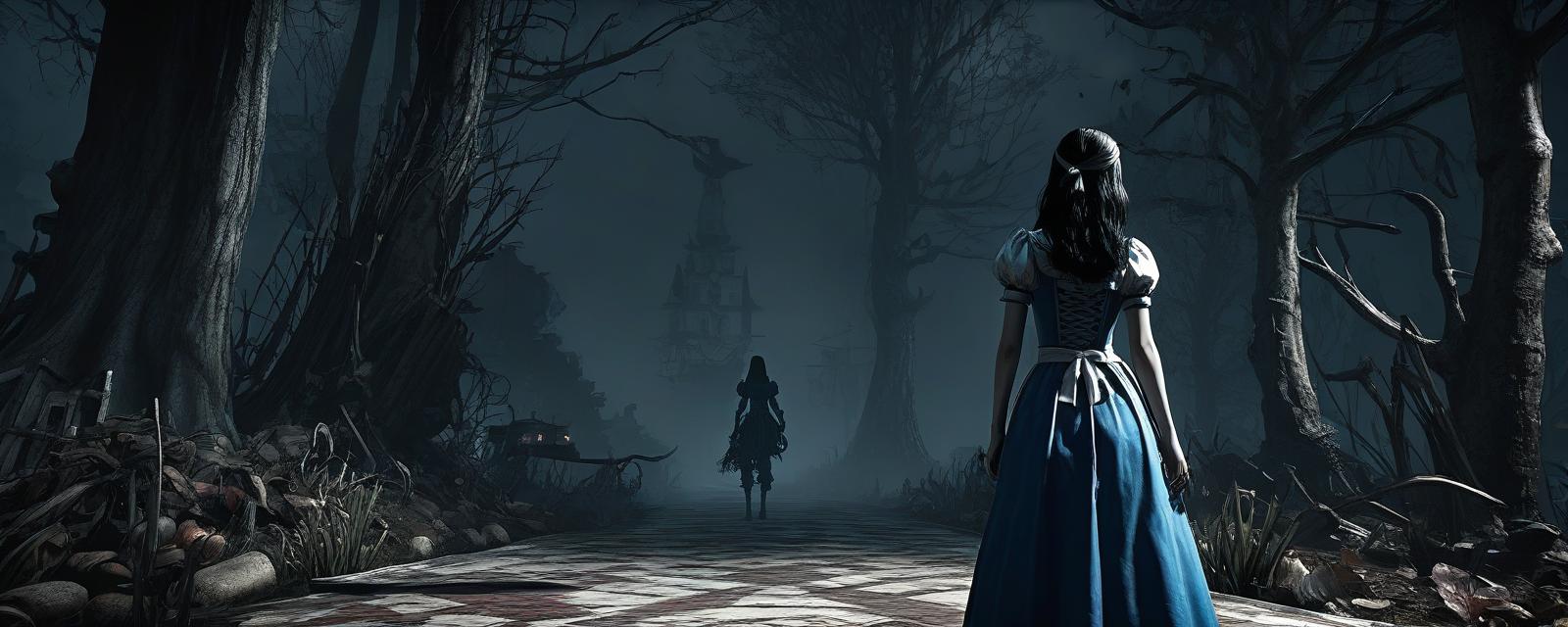  horror themed alice: madness returns, full body, realistic photo, high detail, high quality, 8k, erotica. . eerie, unsettling, dark, spooky, suspenseful, grim, highly detailed