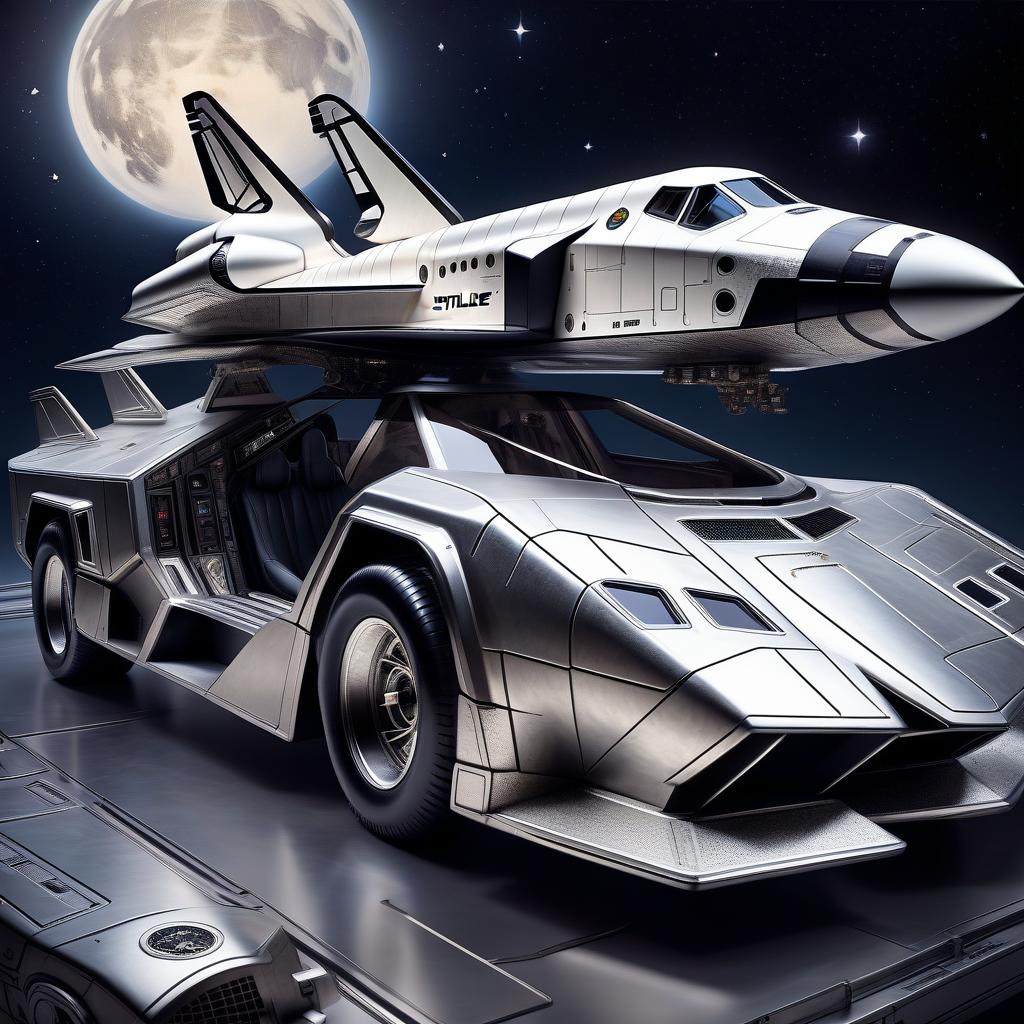  space themed the space shuttle looks like a lamborghini countach, silver color, in the styles of futurism, dieselpunk and steampunk. . cosmic, celestial, stars, galaxies, nebulas, planets, science fiction, highly detailed