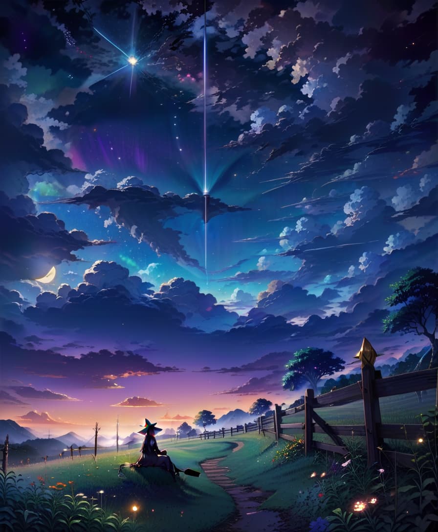  anime artwork night landscape, starry sky, dark, meadow at the bottom of the frame, witch in the right corner of the frame, sitting with her back to the viewer, sitting on a fence, magic, witchcraft, surrealism, magic wand . anime style, key visual, vibrant, studio anime, highly detailed, civitai, oil painting