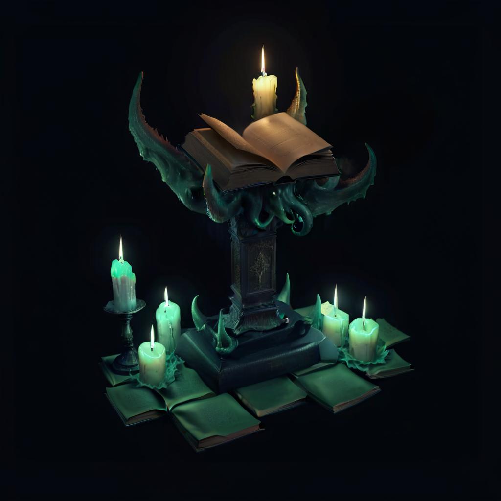  professional 3d model dark horror cthulhu pedestal and some candles are lit up on top of an open book . octane render, highly detailed, volumetric, dramatic lighting, civitai