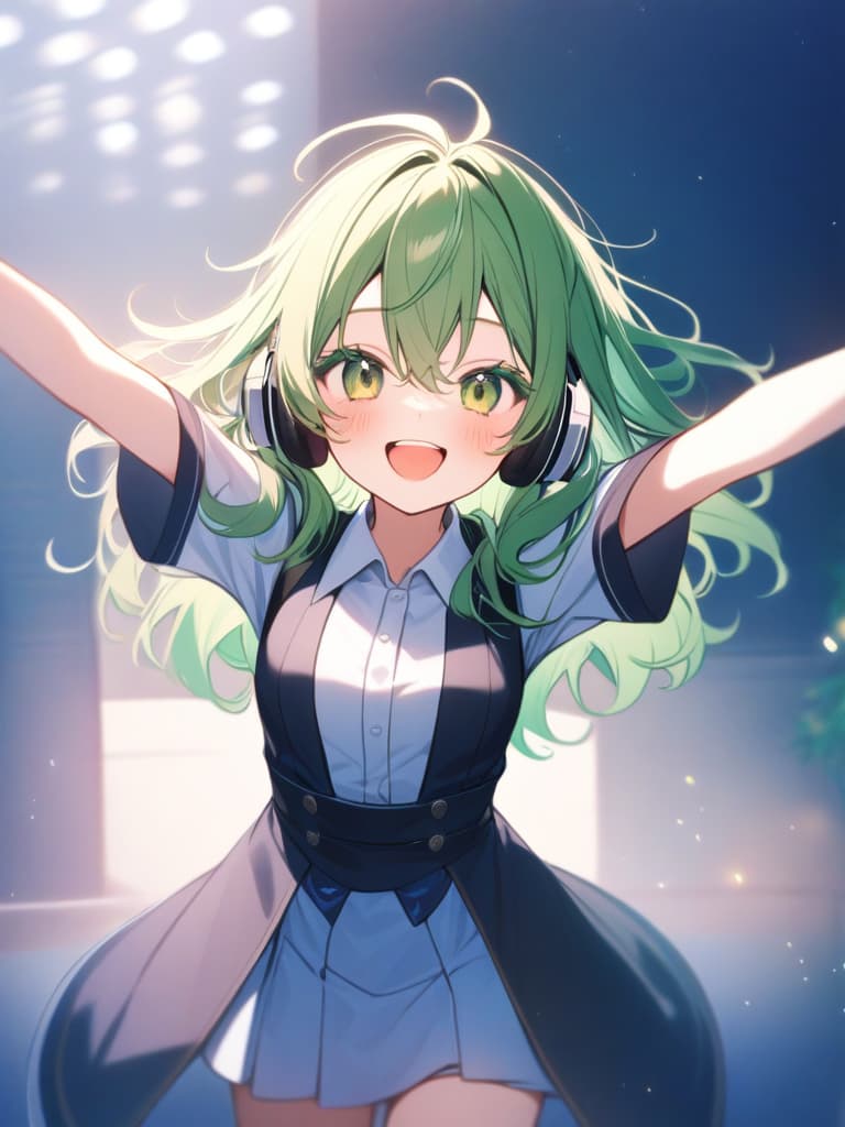  hagakure tohru bangs black clothes black blue clothing collared shirt dress shirt gloves hair between eyes long sleeves mini pleated uniform shirt shirt tucked in short sleeves rolled up sleeves uniform white shirt blush s age eyelashes woman (((with open arms:1.3))) (((i'm feeling excited))) (((headphones:1.3))) green eyes green hair big s medium length hair messy hair short hair teeth upper teeth upper teeth only smirk open mouth open mouth smile one arm outstretched smiling v sign looking at camera one woman alone english language english text text colored eyelashes curly hair ai created