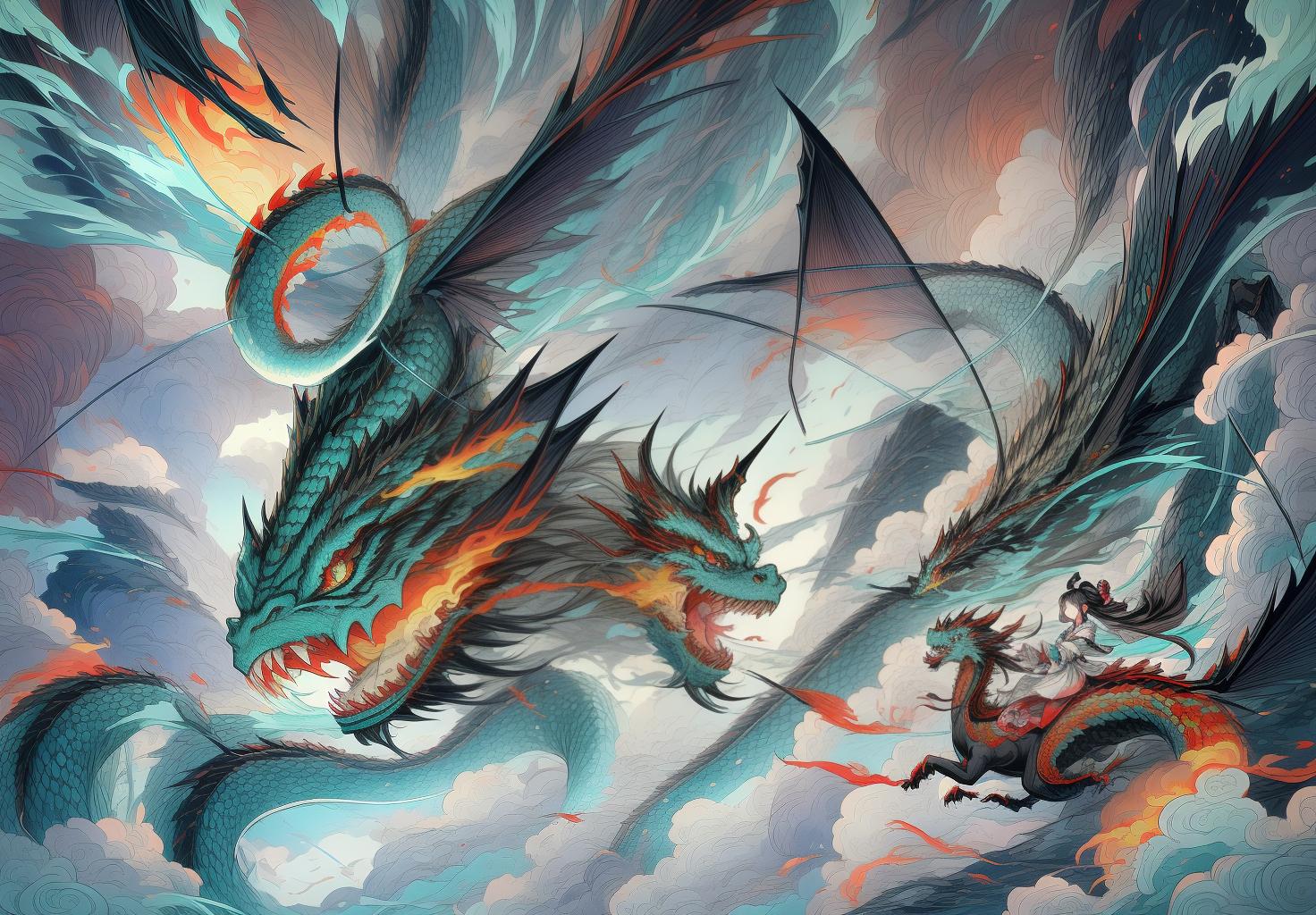  artline, highly detailed illustration of a chinese dragon, based on line art, long serpentine body, sharp claws, fierce eyes, flowing mane and tail, elaborate claws and whiskers, traditional chinese style, vibrant and dynamic, mythical creature, rich in textures and patterns, inspired by chinese folklore and art, majestic and powerful appearance, full of cultural elements, ornate and decorative design, ultra detailed, hyper realistic, 8k resolution, dark sky blue and light emerald colors, swirling colors, 2d art, guofeng, dragon coiled in mid air, breathing fire, surrounded by clouds