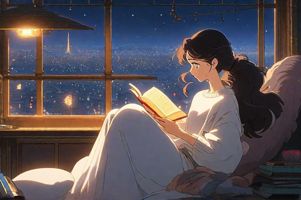  a young lady sitting by a window overlooking a city skyline at night reading a book, with a full moon in the sky. the lady is wearing a white sweater seated on a fur white bean bag. the city skyline is illuminated with bright lights, creating a serene and peaceful atmosphere. studio ghibli style., anime concept art by hayao miyazaki, featured on pixiv, fantasy art, concept art, official art, high detailed hyperrealistic, full body, detailed clothing, highly detailed, cinematic lighting, stunningly beautiful, intricate, sharp focus, f/1. 8, 85mm, (centered image composition), (professionally color graded), ((bright soft diffused light)), volumetric fog, trending on instagram, trending on tumblr, HDR 4K, 8K