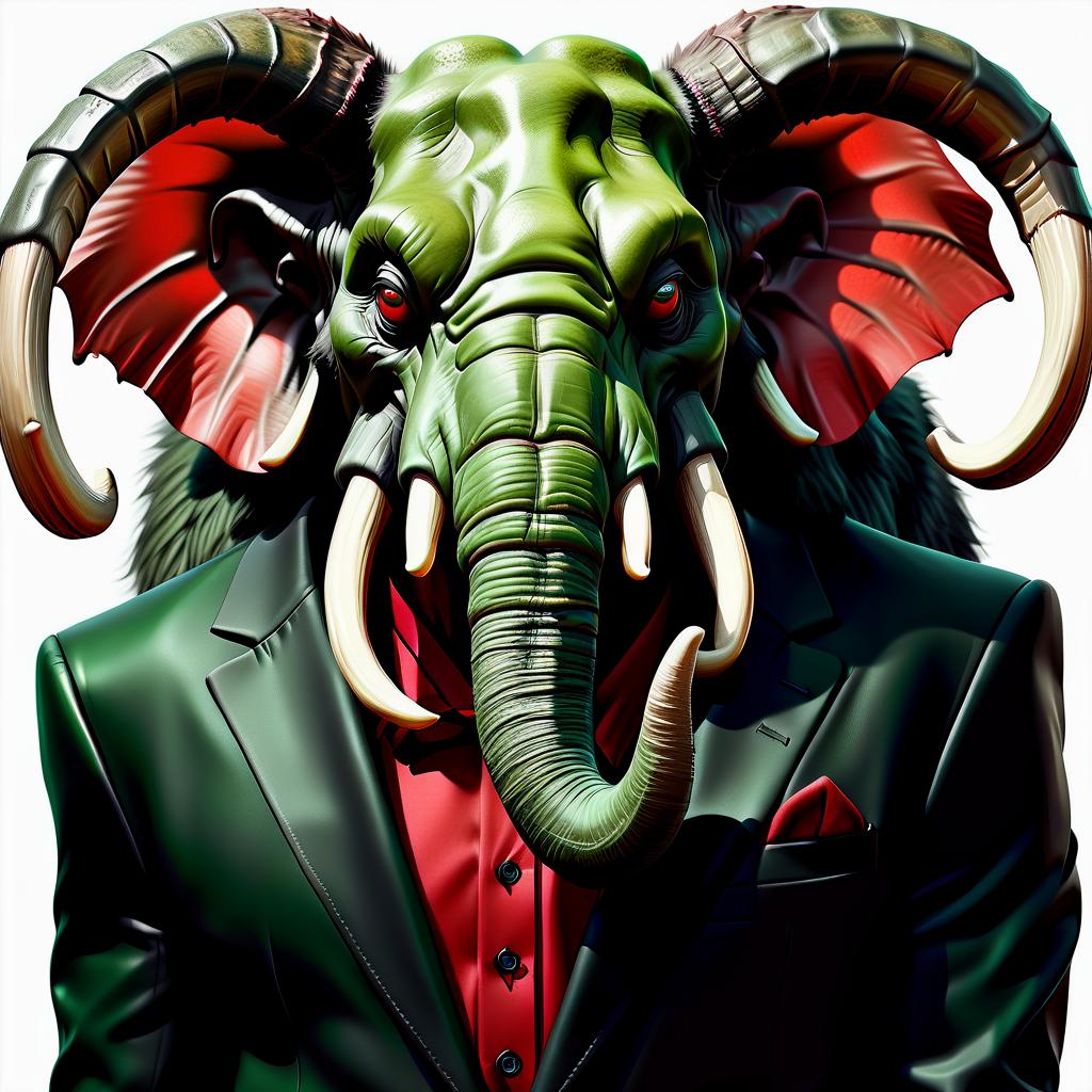  hyperrealistic art evil green mammoth in a black suit, red shirt, on a white background . extremely high resolution details, photographic, realism pushed to extreme, fine texture, incredibly lifelike, hkmagic