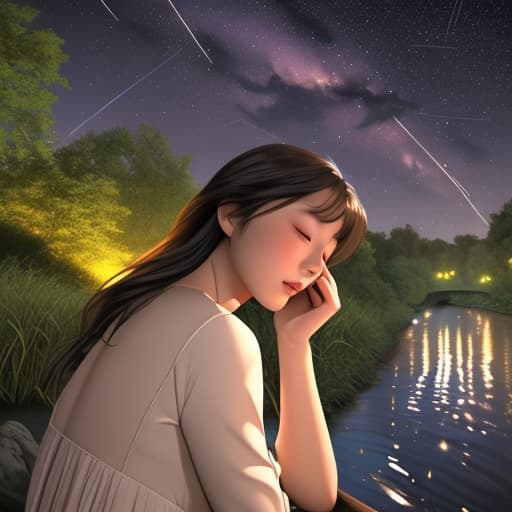  A girl on the riverbank is dreamily watching a meteor shower