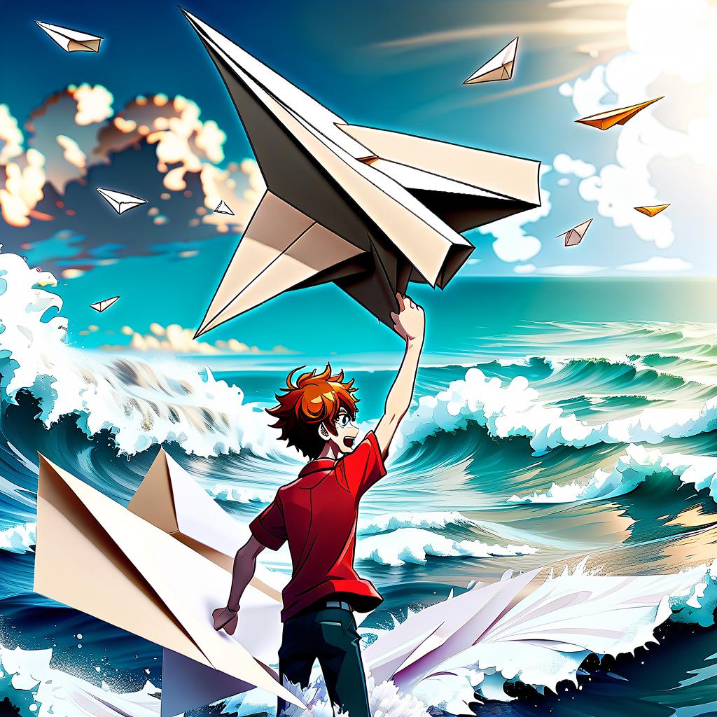  anime artwork man launches paper plane into ocean . anime style, key visual, vibrant, studio anime, highly detailed