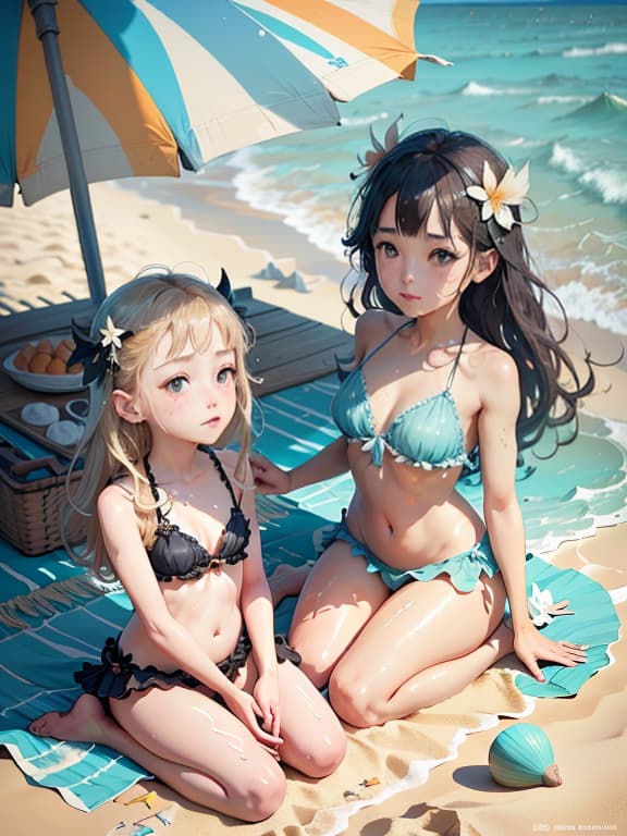  master piece, best quality, ultra detailed, highres, 4k.8k, Two old s., Posing for a photo shoot on the beach., Innocent and joyful., BREAK Two young s enjoying a day at the beach., ist beach by the sea., Beach towels, sandcastle building tools, seashells, beach umbrella., BREAK Relaxed and carefree., Glistening skin in the sunlight, gentle sea breeze., splash00d