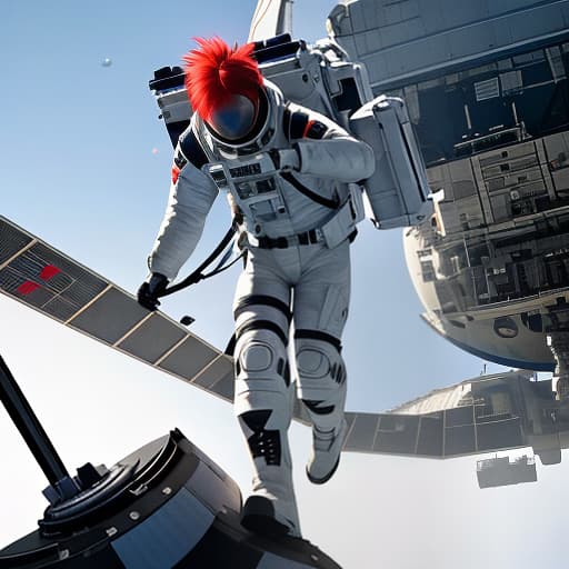  a red and blue haired white kid in sapce while shooting at the international space station. Apply the Following Styles Comic, Dystopian Art hyperrealistic, full body, detailed clothing, highly detailed, cinematic lighting, stunningly beautiful, intricate, sharp focus, f/1. 8, 85mm, (centered image composition), (professionally color graded), ((bright soft diffused light)), volumetric fog, trending on instagram, trending on tumblr, HDR 4K, 8K