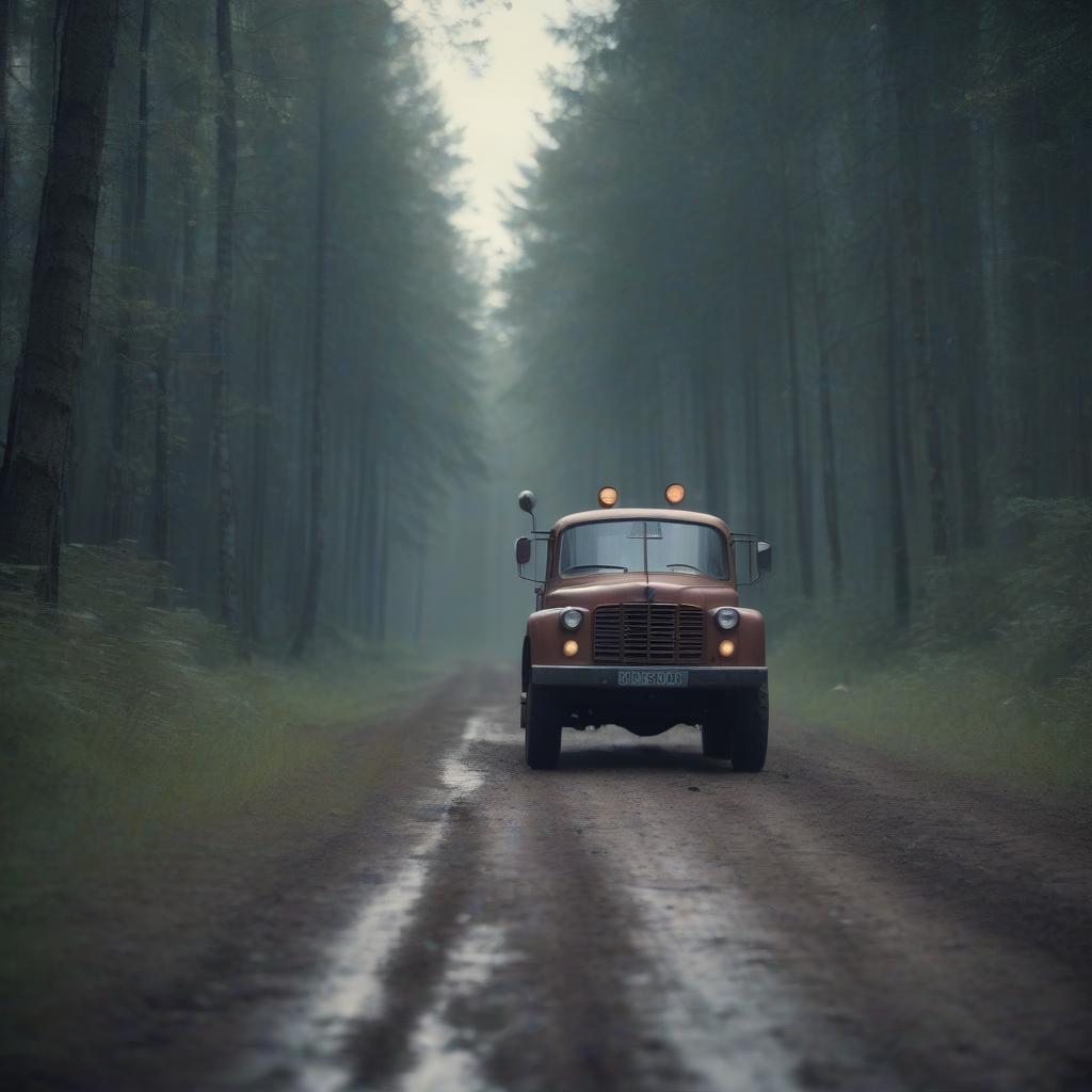  cinematic film still advertising poster of a computer game, photo divided diagonally, in the left part on a dirty forest road drives a truck ural in the right part flies crazy schoolgirl and waving a magic wand, photorealistic, 4k . shallow depth of field, vignette, highly detailed, high budget, bokeh, cinemascope, moody, epic, gorgeous, film grain, grainy