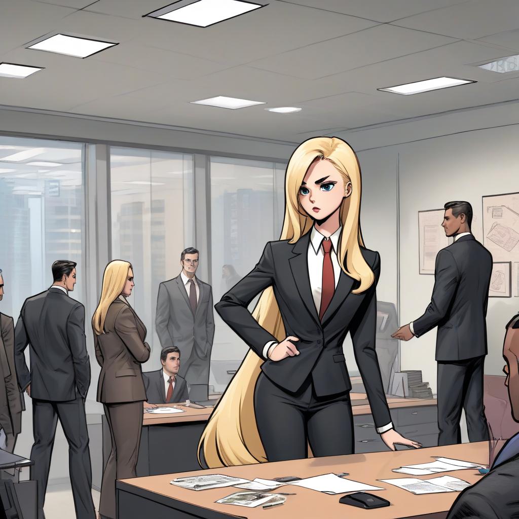  colored comic book image. an adult girl with long blonde hair gathered in a tail is dressed in a jacket and black trousers. she stands in front of an office desk and presents a new dress. view from the side of the table, where several men in business suits sit, listening attentively to her presentation.