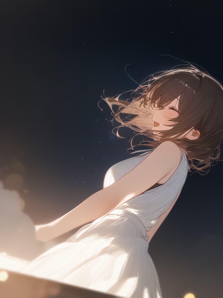  under the starry sky, a girl laughing at me, a bright brown hair, a transparent fleeting, a black sleeveless dress, wearing a white cardigan from the top, the whole body facing the front., masterpiece, best quality,8k,ultra detailed,high resolution,an extremely delicate and beautiful,hyper detail