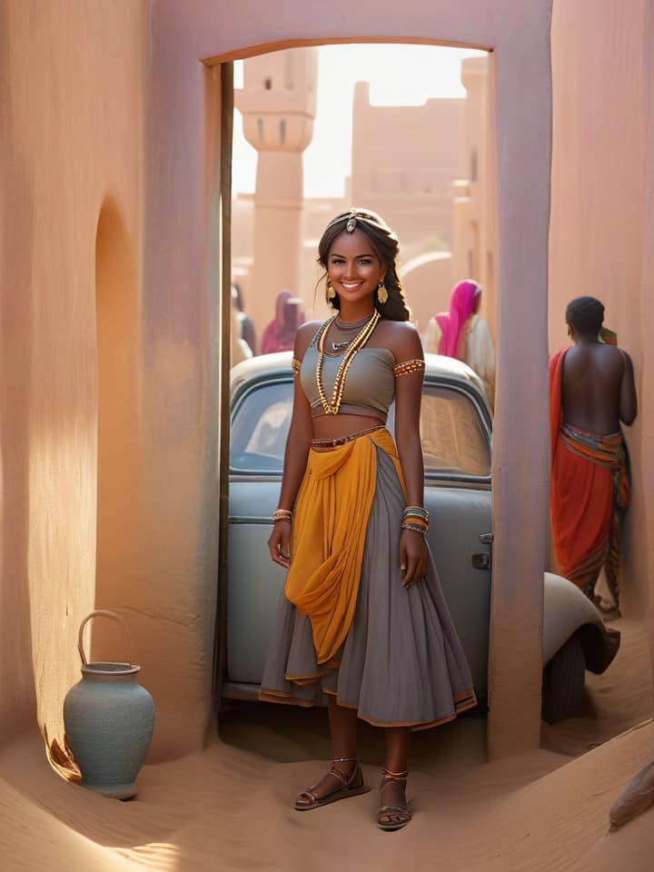  (masterpiece, best quality), beautiful face, detailed face, (dark skinned female), sunshine smile, intricate, traditional clothes, desert, bracelet, town, hair ornament, jewelry, leaning back, looking at the viewer, upper body, plateau, sandstorm, cinematic film style, shallow depth of field, vignette, highly detailed, high budget, bokeh, cinemascope, moody, epic, gorgeous, film grain, grainy