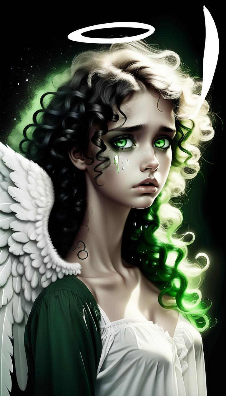  1) a very sad angel in tears, 2) one wing white, the other black, open 3) curly hair, the right half of the hair on the head is white, the left half of the hair on the head is black. 4) angel takes off (5) black and white art (6) green eyes