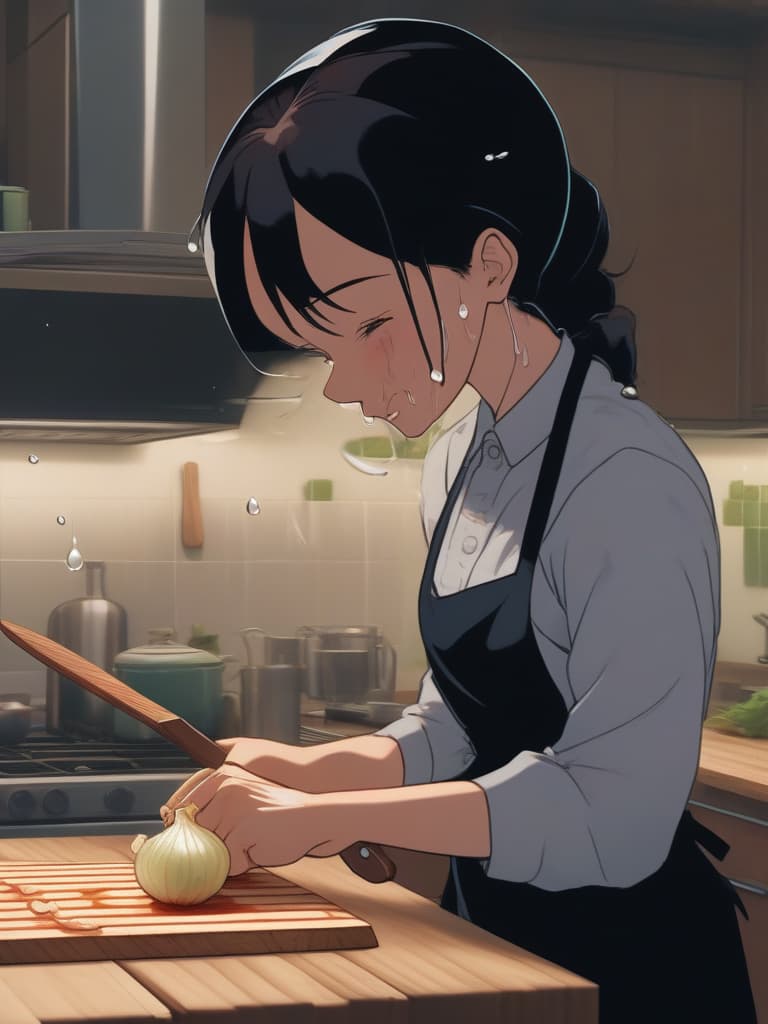  kitchen,woman wearing apron {cutting onion🧅 with knife on cutting board,(tears while slicing onion🧅 into thin strips:1.4)sliced onion🧅 on cutting board},super detail,high resolution,absurd,employed,