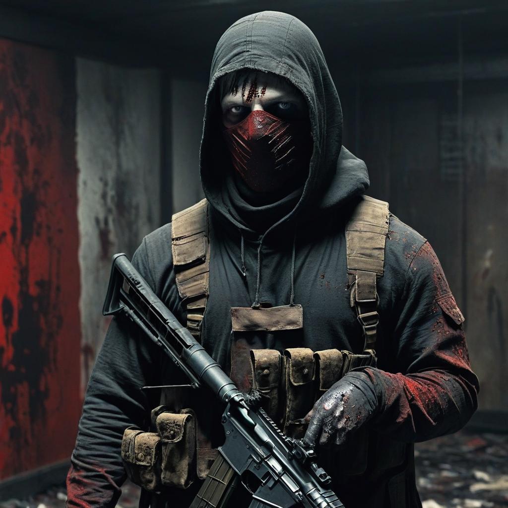  macabre style create an avatar for discord featuring a human cannibal in a post apocalyptic world. the image should show: a frightening and hungry look, a person should have pupils clothing made of coarse fabric or skins, a person should have a balaclava blood marks on his hands. an ak 47 assault rifle in hand. background: a room with blood stained bars. color palette: dark shades with accents of red and gray. style: realistic, with elements of horror. . dark, gothic, grim, haunting, highly detailed