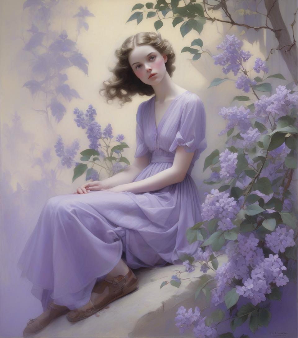  subject: artists: mann, gammell, kley, goldin, gerome, quentin blake, gibson, anne bachelier, alberto vargas, bouguereau, n.c. wyeth, rockwell, parrish, dan seagrave, hopper style: color palette: lilac, lavender, periwinkle techniques: details: idyllic, innocence, cinematic, painting, photo, portrait photography, conceptual art, illustration