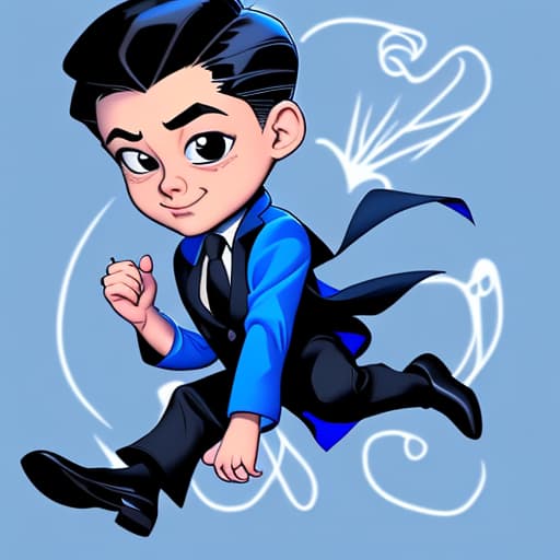  baby Spider-Man cartoon in a blue ffa jacket with a tie and white undershirt with black dress shoes and black slacks