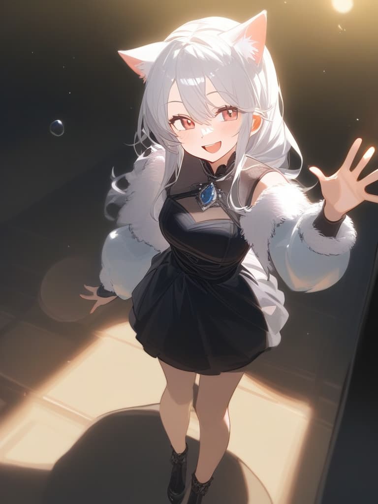  cat eared girl,long silver hair,black bubbles clothes,black shoes,smiling naughtily,waving