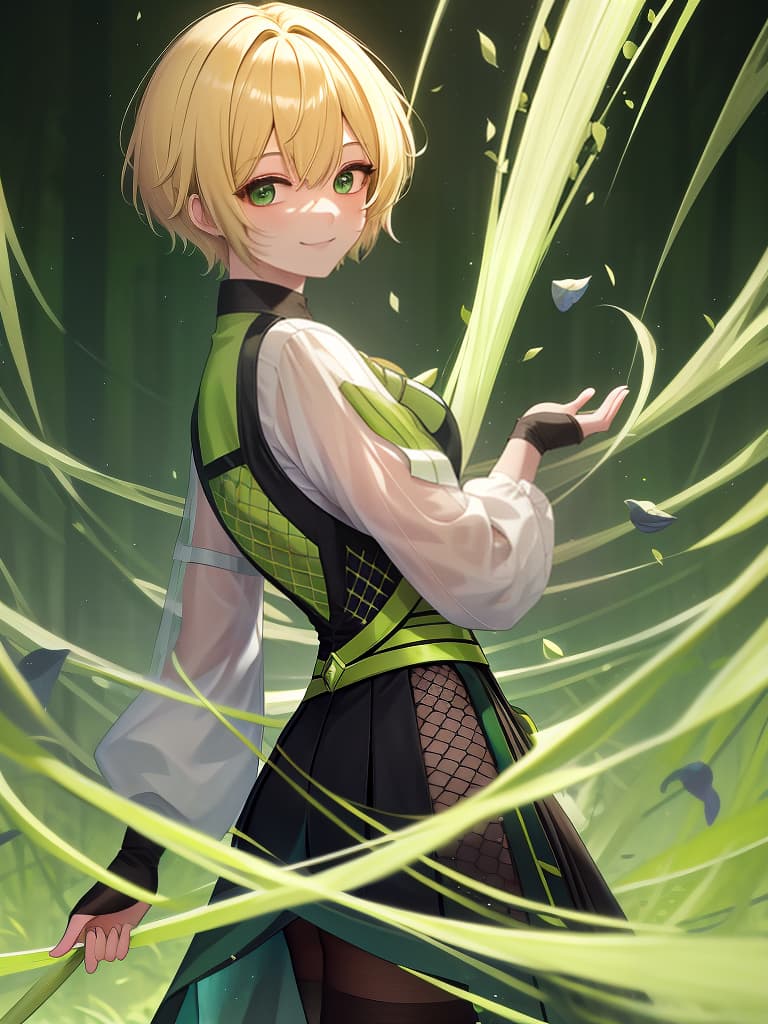  blond, boy, short hair, colored green, long bangs, long phala, long ash, left hair long, smiling, subculture jersey, long mesh, subculture jersey, long paired back., masterpiece, best quality,8k,ultra detailed,high resolution,an extremely delicate and beautiful,hyper detail