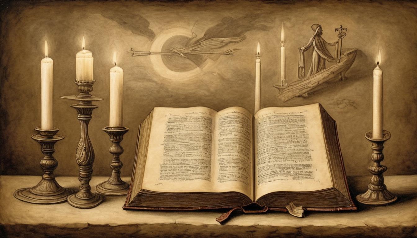  on parchment, surrealism++, open bible on an altar, candles around, divine light from above, peaceful and solemn(mysterious, provocative, symbolic)++