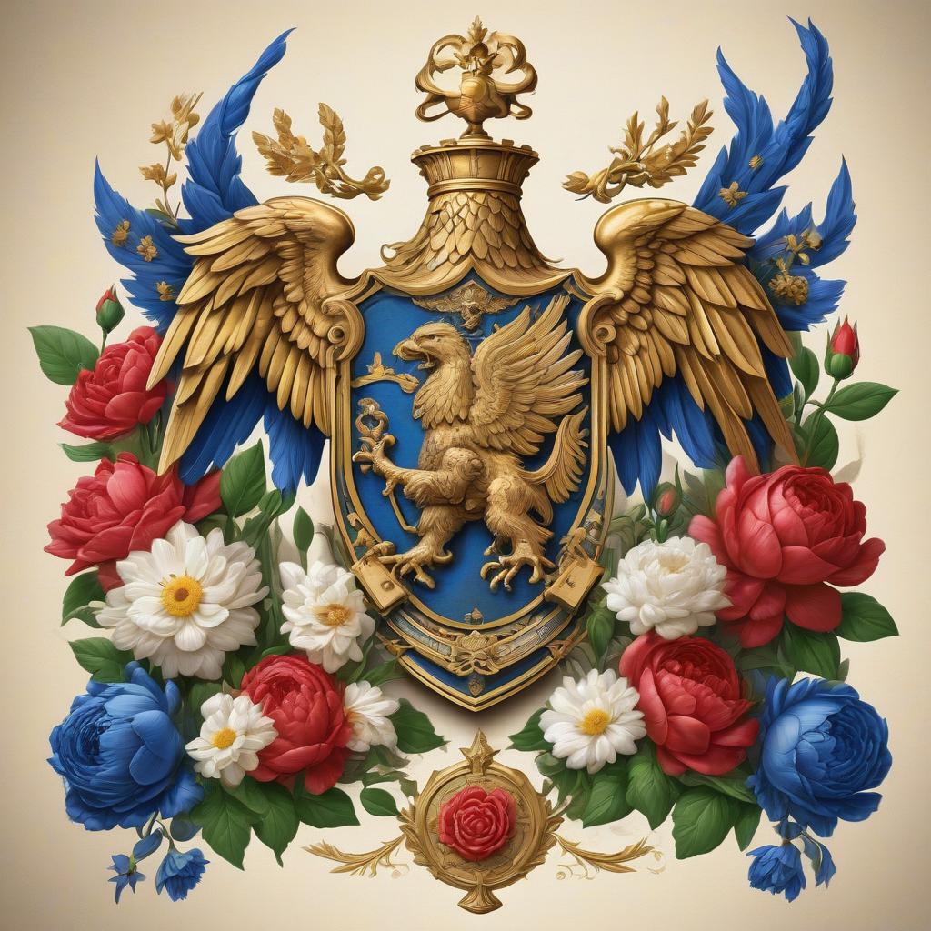  futurism, cyberpunk. coat of arms with a double headed eagle. four colors: gold, green, blue, red. flowers: roses, peonies, daisies, cornflowers, hyacinths, bells. the coat of arms in the castle.