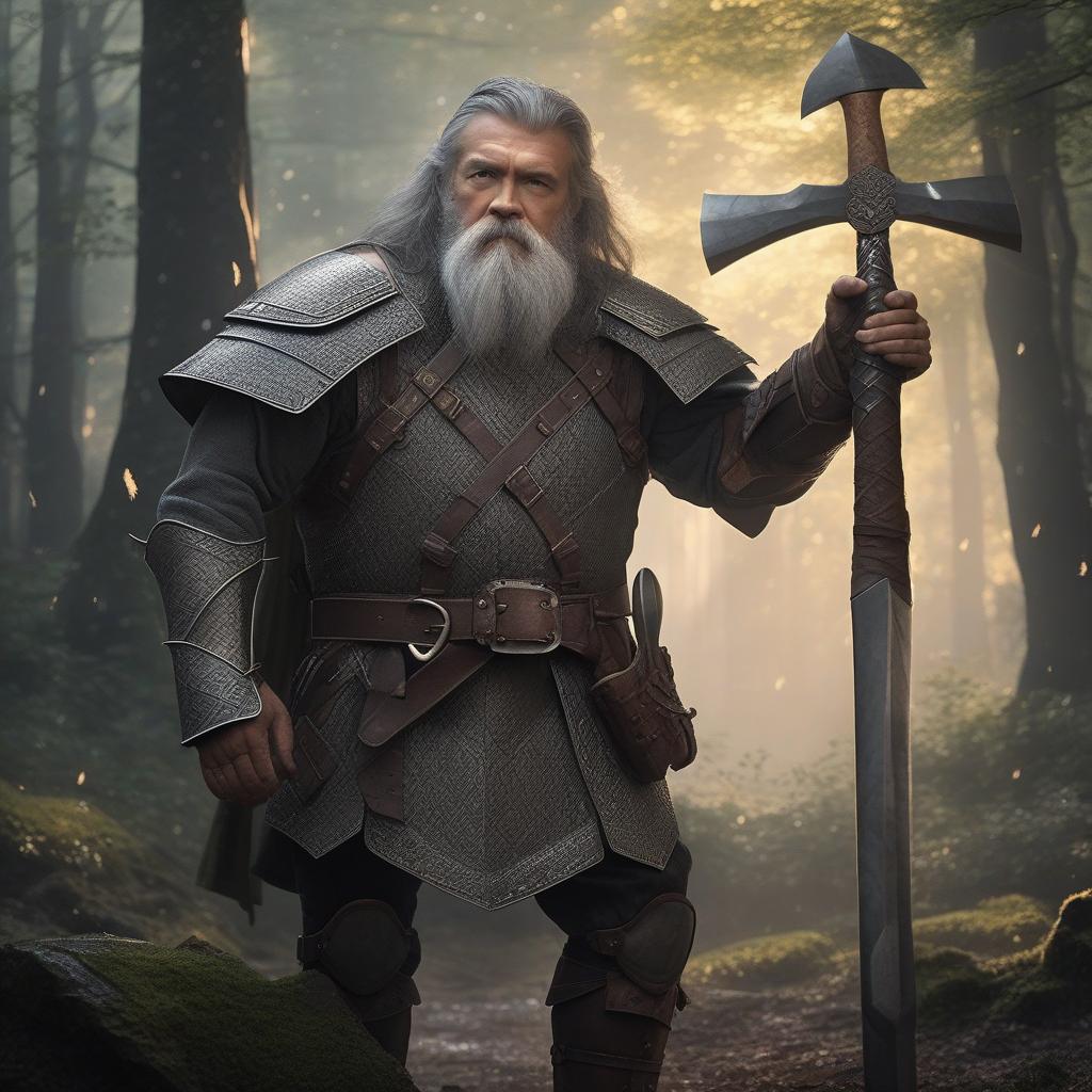  masterpiece, best quality,A small dwarf, old, gray beard, long gray hair, leather armor, axe in hand, standing proud, light rain, in a forest, in the evening,