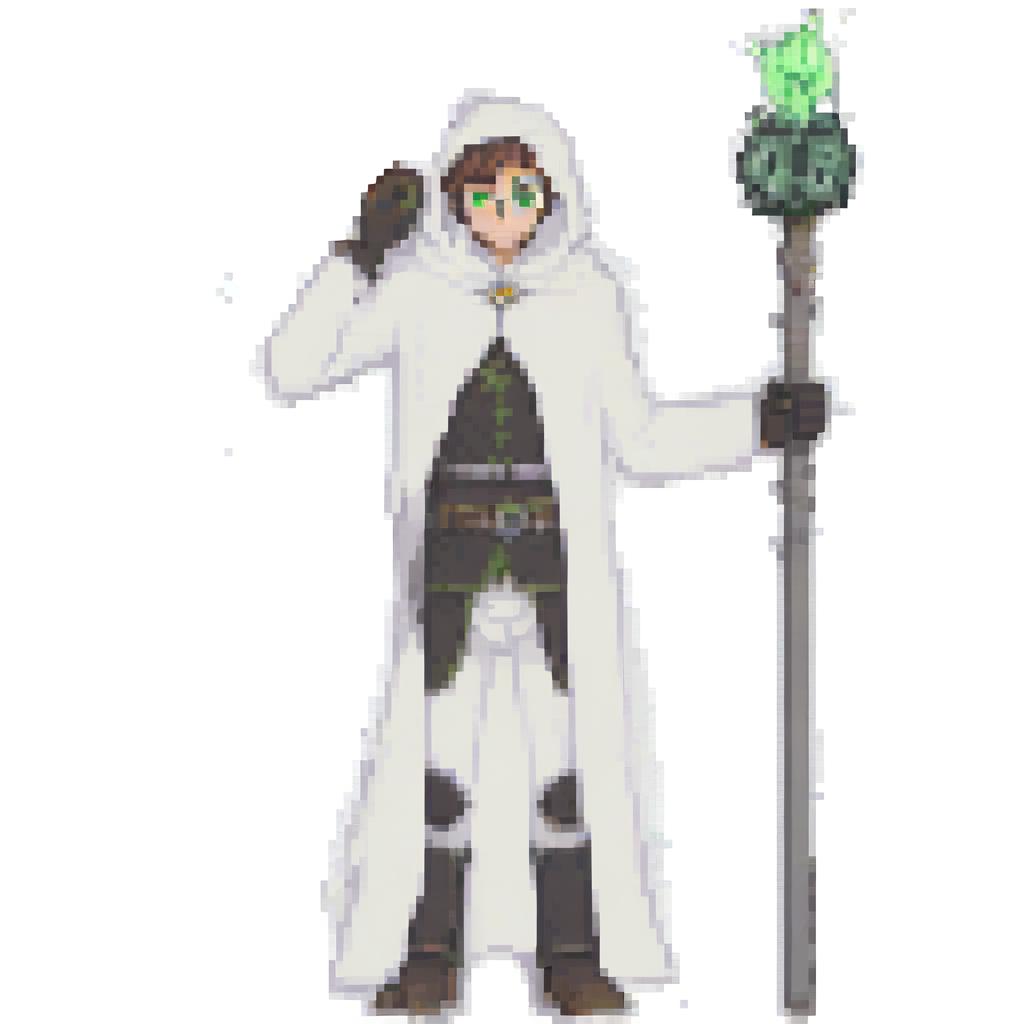  pixel art human , alchemist , wizard, white cape , green eyes, brown hair with wite on top, . low res, blocky, pixel art style, 8 bit graphics