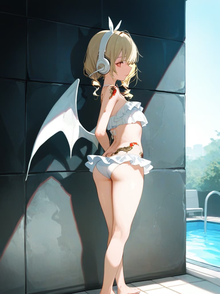  white swimwear, white headphones, blonde twin tails, pools, poses on the wall, pose to show your back, , foot, whole body, frill pareo, snake tattoo on , snake tattoos, tattoos on , wings on the . stomach, masterpiece, best quality,8k,ultra detailed,high resolution,an extremely delicate and beautiful,hyper detail