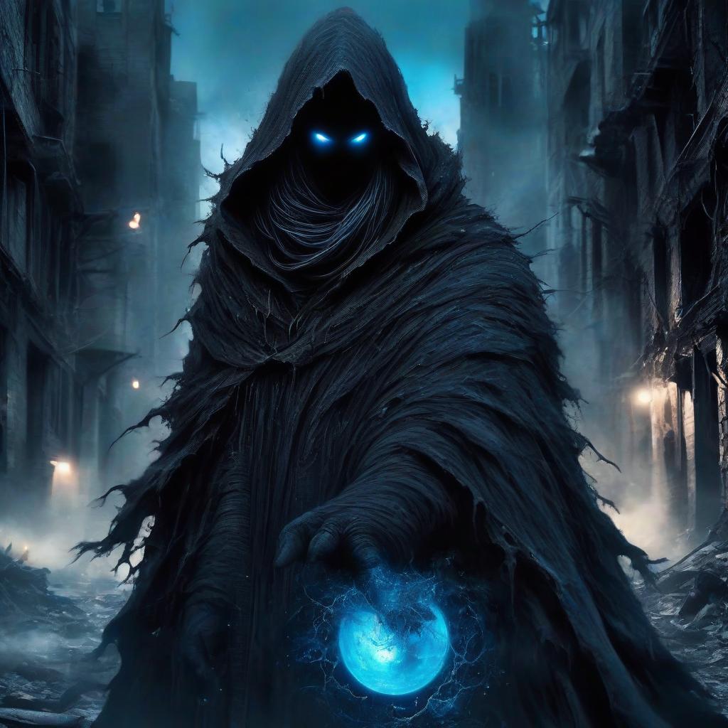  macabre style stalker, in the hands of a round sphere emitting blue light, in a black long cloak, in a hood, in full growth. in a destroyed post apocalyptic city with buildings destroyed by flames. . dark, gothic, grim, haunting, highly detailed, perfecteyes, perfect hands