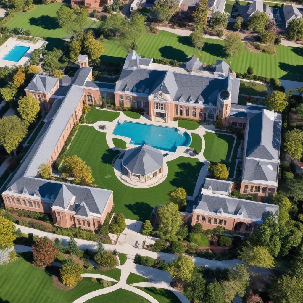  high school exterior aerial layout with lots of windows arches a courtyard in the middle with a garden, pool and rooftop art space and curb appeal, mystical style