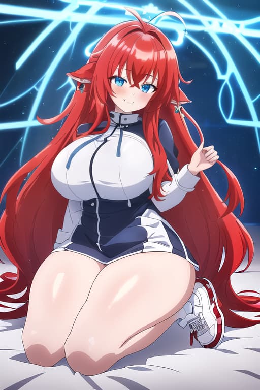  long ,puffy white sneakers,smiling,blushing,bedroom,full body view,masterpiece, best quality, 1women, long red hair, looking at viewer, :3, cute, black uniform, outdoors, streets, cow shot, curvy, (((blue eyes))), rias gremory, red hair, antenna hair, wavy hair, ((beautiful detailed eyes, beautiful detailed glow, lots of glow)), anime screencap