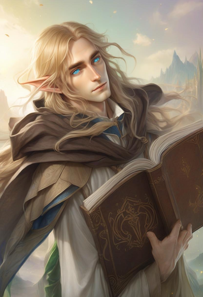  role playing game (rpg) style fantasy a beautiful elf with long straw hair and blue eyes, dressed in a white shirt and beige pants, hangs a brown cloak on his shoulders, holds an open book in his hands . detailed, vibrant, immersive, reminiscent of high fantasy rpg games, hkmagic