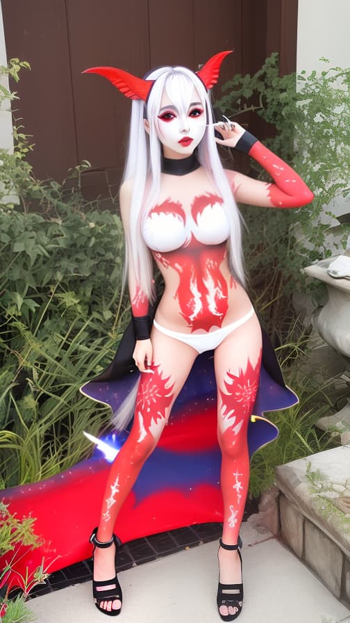  Full body red flame pattern body paint,silver body paint on the whole body, White face paint on the face, succubus 女性