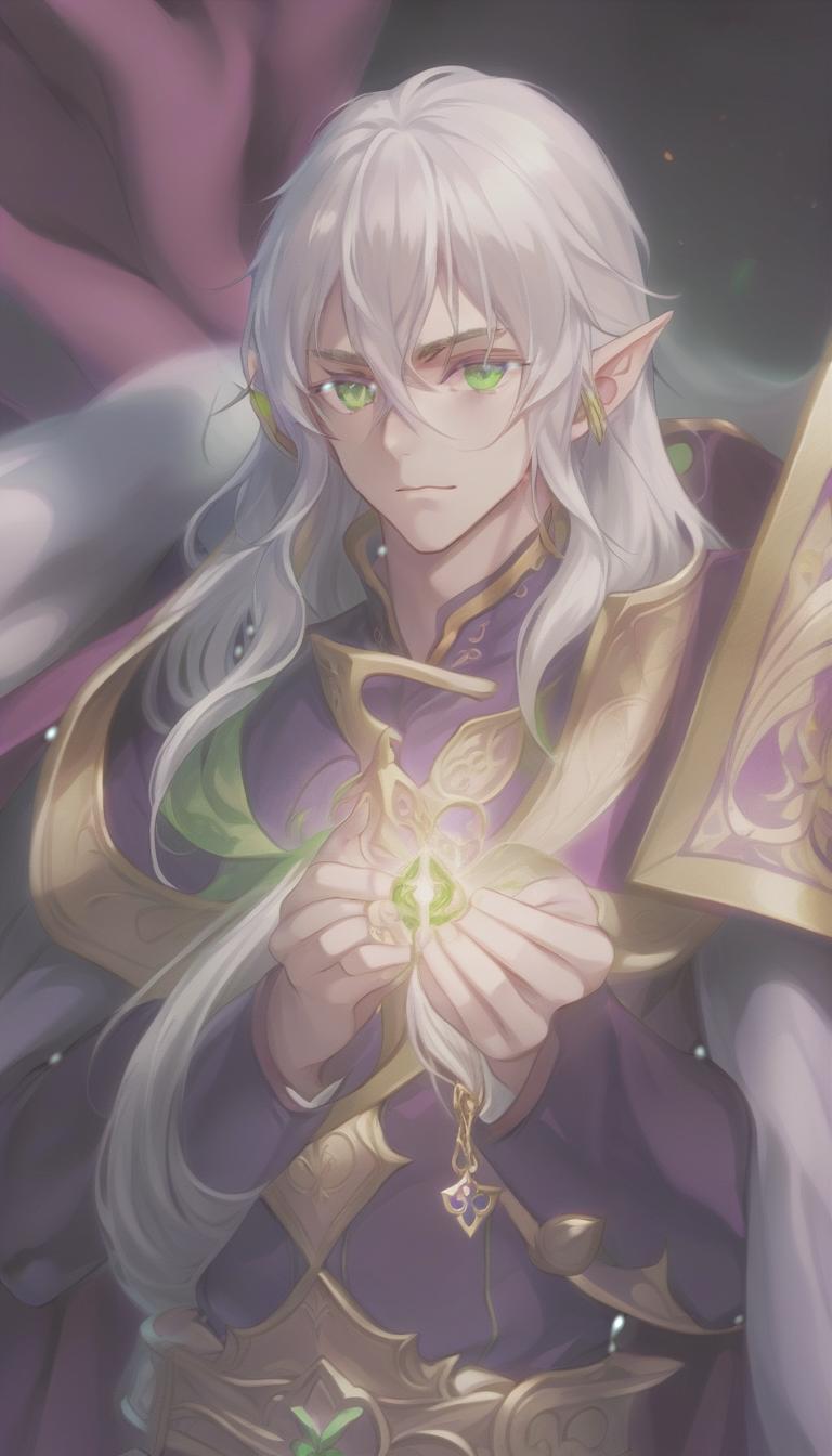  anime artwork man, elf, long white hair, green eyes, purple clothes . anime style, key visual, vibrant, studio anime, highly detailed