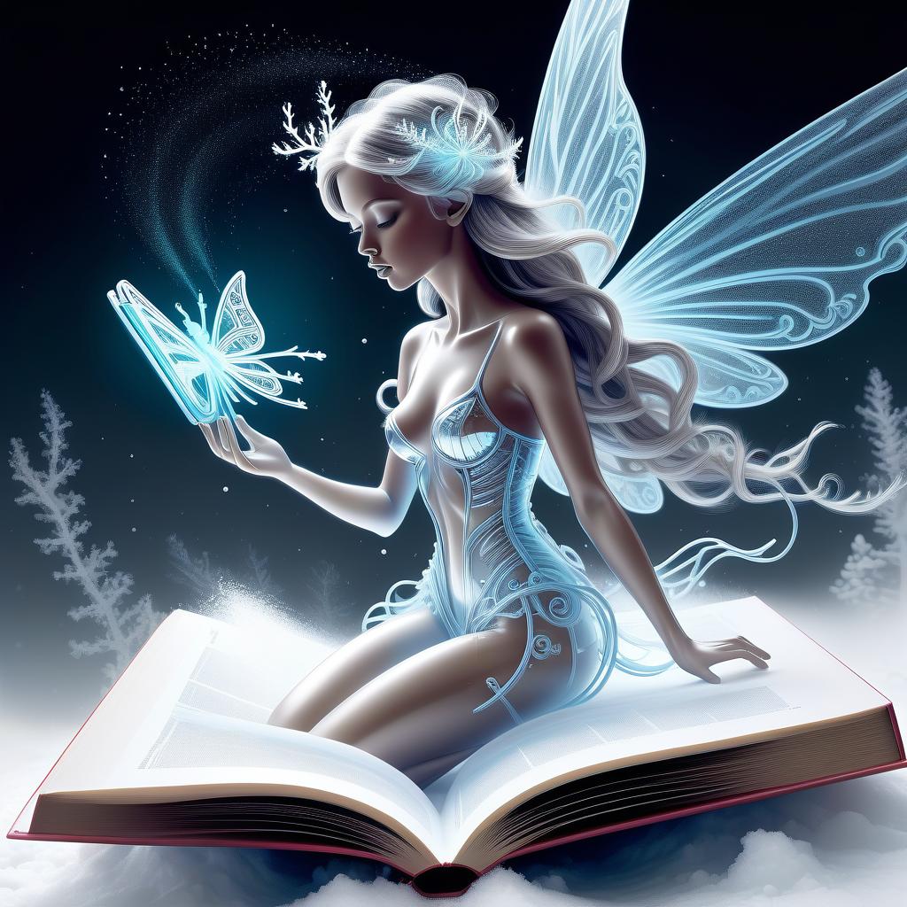  line art drawing highly detailed translucent snow fairy with wings of snow (holding a toy radio controlled helicopter:1.3), blizzard appear from the pages of a fairy tale book, translucent snow blizzard magic snow fairy reaching out of a 3d sculptured book; the souls escaping from book, motion blur action side profile shot of spirit tepping out of book, astrodimensional iridescent spirit of the light, disintegrating into starlight and holographic particulate trails of wispy snow by alberto seveso by giger liquid snow effects in wind :: wind blowing left 3d shading; pulsing with an inner light; clear and sparkling, smooth, flowing, shimmer; 16k resolution, hyperdetailed, intricate beautiful details . professional, sleek, modern, minimalist, 