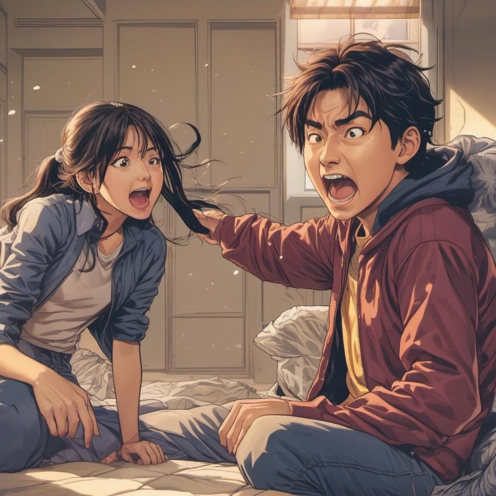  girl yelling at older brother, anime style, manga style, manhwa style