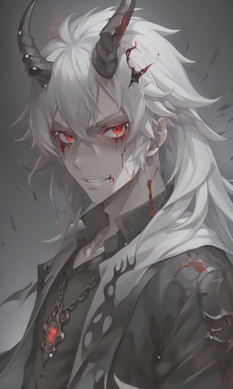  anime artwork man demon, white skin, blood red eyes, black hair, white horns, black clothes . anime style, key visual, vibrant, studio anime, highly detailed