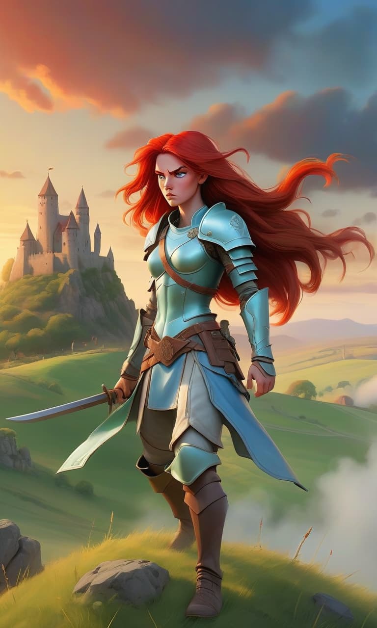  hdr photo of the illustration is made in the style of digital watercolor. in the foreground is a young warrior standing on top of a green hill at sunset. she is wearing light blue leather armor, and her long red hair is blowing in the wind. the expression on his face is serious and focused. the magical symbols floating in the air around her emit a warm light. an ancient castle surrounded by fog is visible in the background. the sky is filled with the bright colors of sunset . high dynamic range, vivid, rich details, clear shadows and highlights, realistic, intense, enhanced contrast, highly detailed