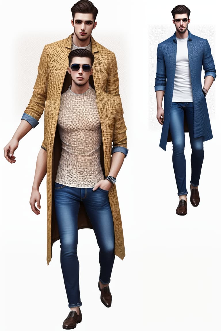  ((fashion illustration, full figures of men with jeans and perforated shirts, colourful coats)), award winning, professional, highly detailed, masterpiece